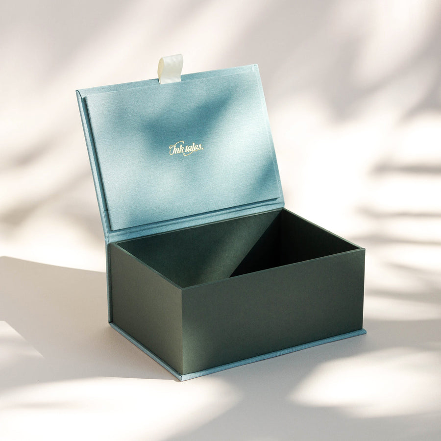 Open handcrafted keepsake box in Antique and Sequoia colour with foil stamped logo