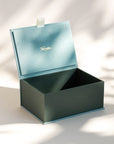 Open handcrafted keepsake box in Antique and Sequoia colour with foil stamped logo