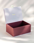 Open handcrafted keepsake box in Blush and Deep Rose colour with foil stamped logo