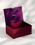 Open handcrafted keepsake box in Huckleberry and Noble Red colour with foil stamped logo