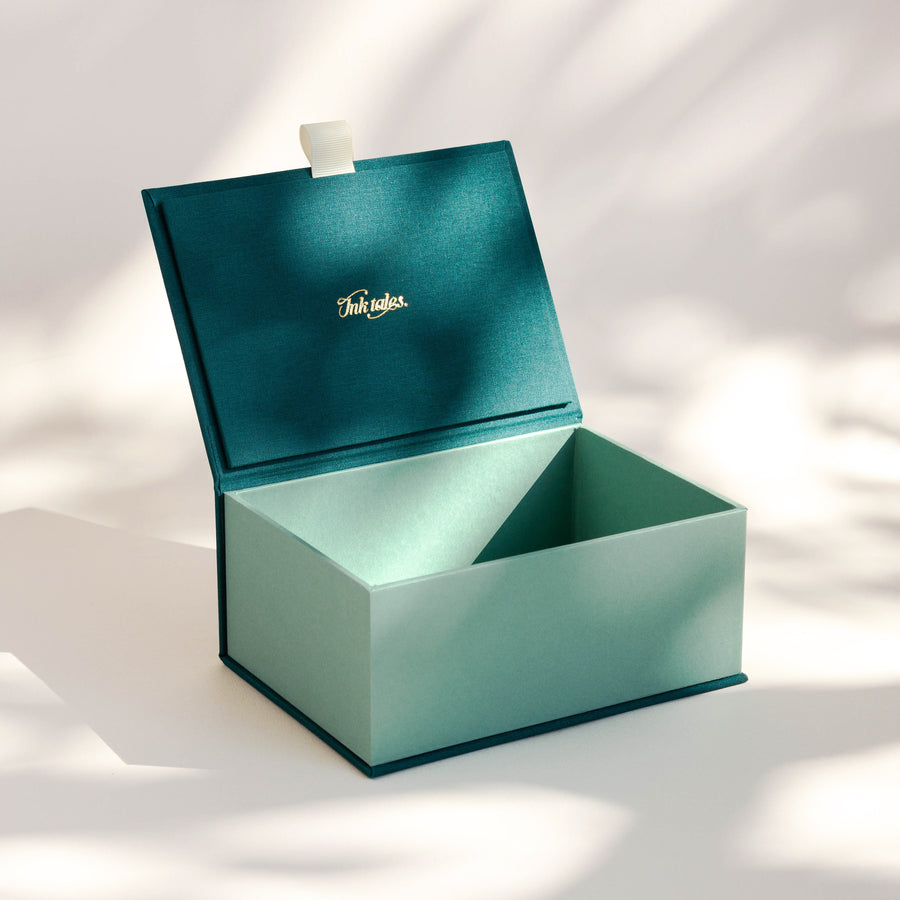 Open handcrafted keepsake box in Jade and Matcha colour with foil stamped logo