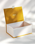 Open handcrafted keepsake box in Mustard and Biscuit colour with foil stamped logo