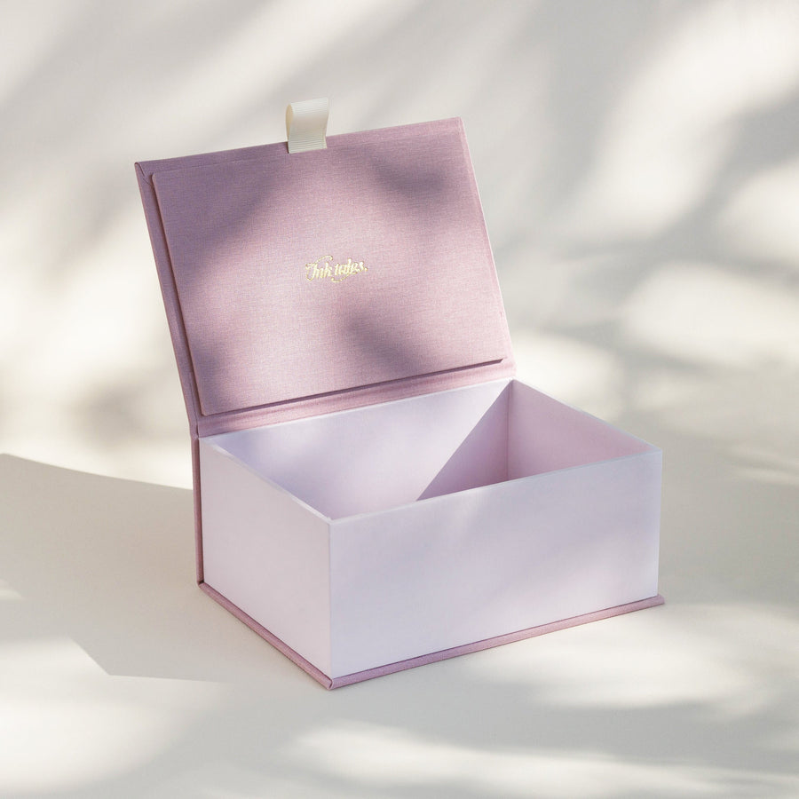 Open handcrafted keepsake box in Old Rose and Pastel Rose colour with foil stamped logo