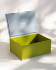 Open handcrafted keepsake box in Silver and Kiwi colour with foil stamped logo