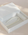 Opened handcrafted linen covered photo box with usb compartment