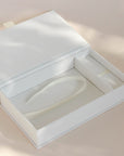Opened handcrafted linen covered photo box with usb compartment