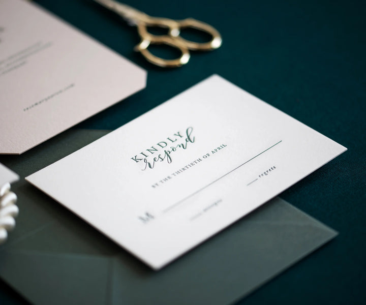 Letterpress RSVP card with green ink on white paper