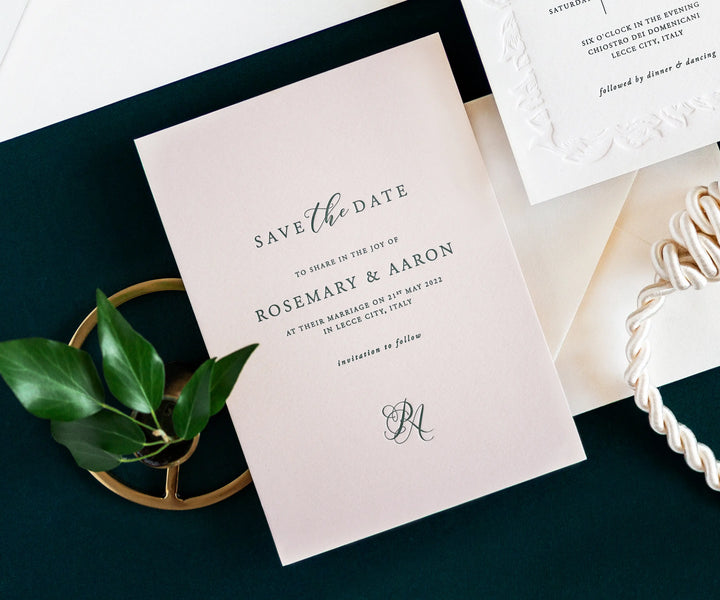 Letterpress Save the Date card with RA monogram