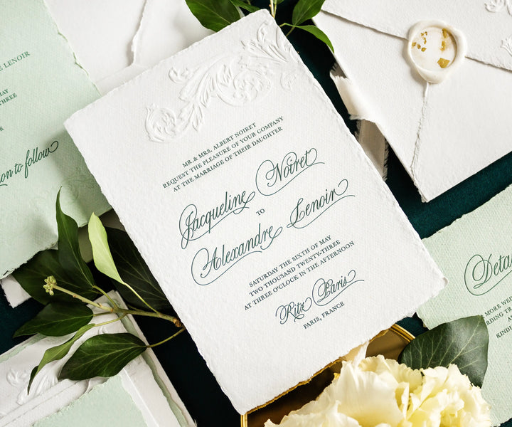 Letterpress wedding invitation on handmade paper 