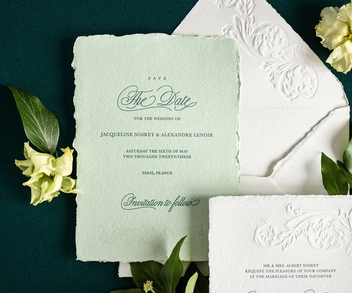 Handmade paper letterpress Save the Date card