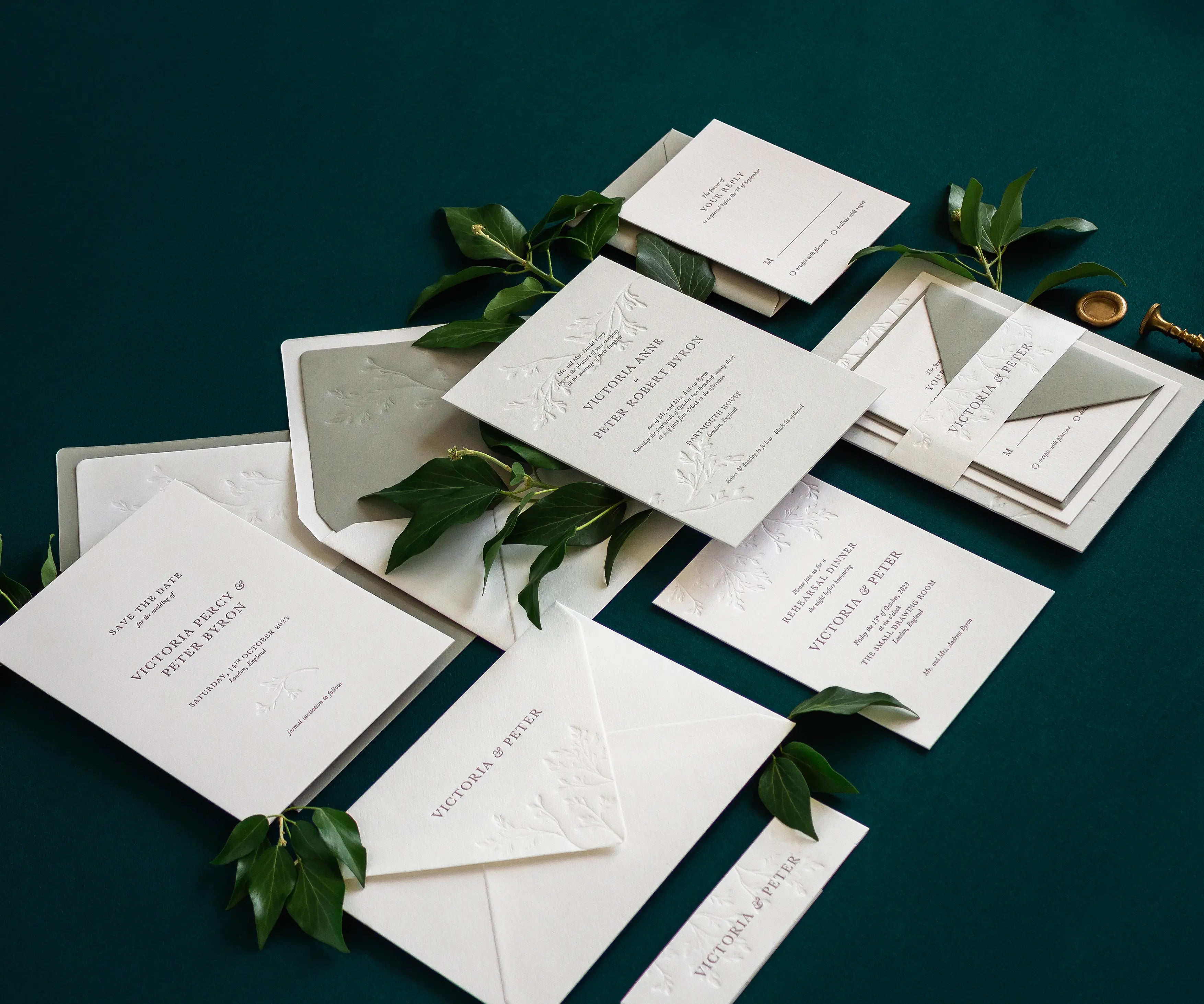 Letterpress wedding invitation suite with ivy leaves