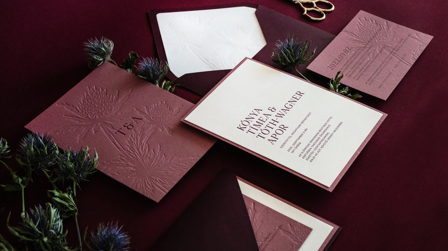Eryngium themed letterpress wedding invitation set