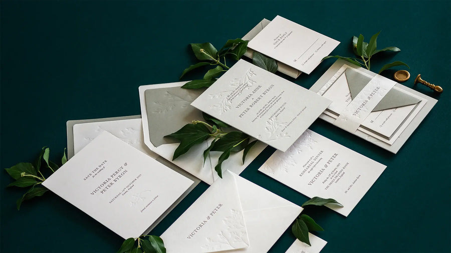 Letterpress wedding invitation suite with ivy leaves