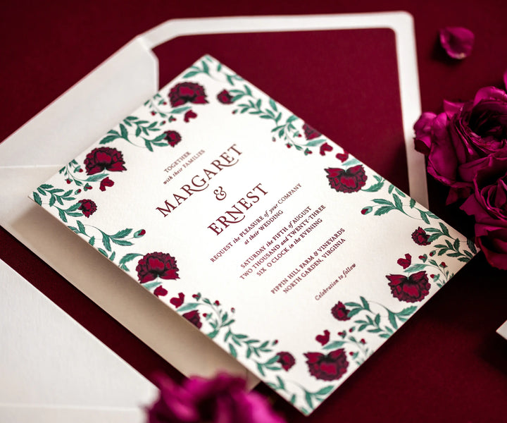 Letterpress wedding invitation with poppy illustration