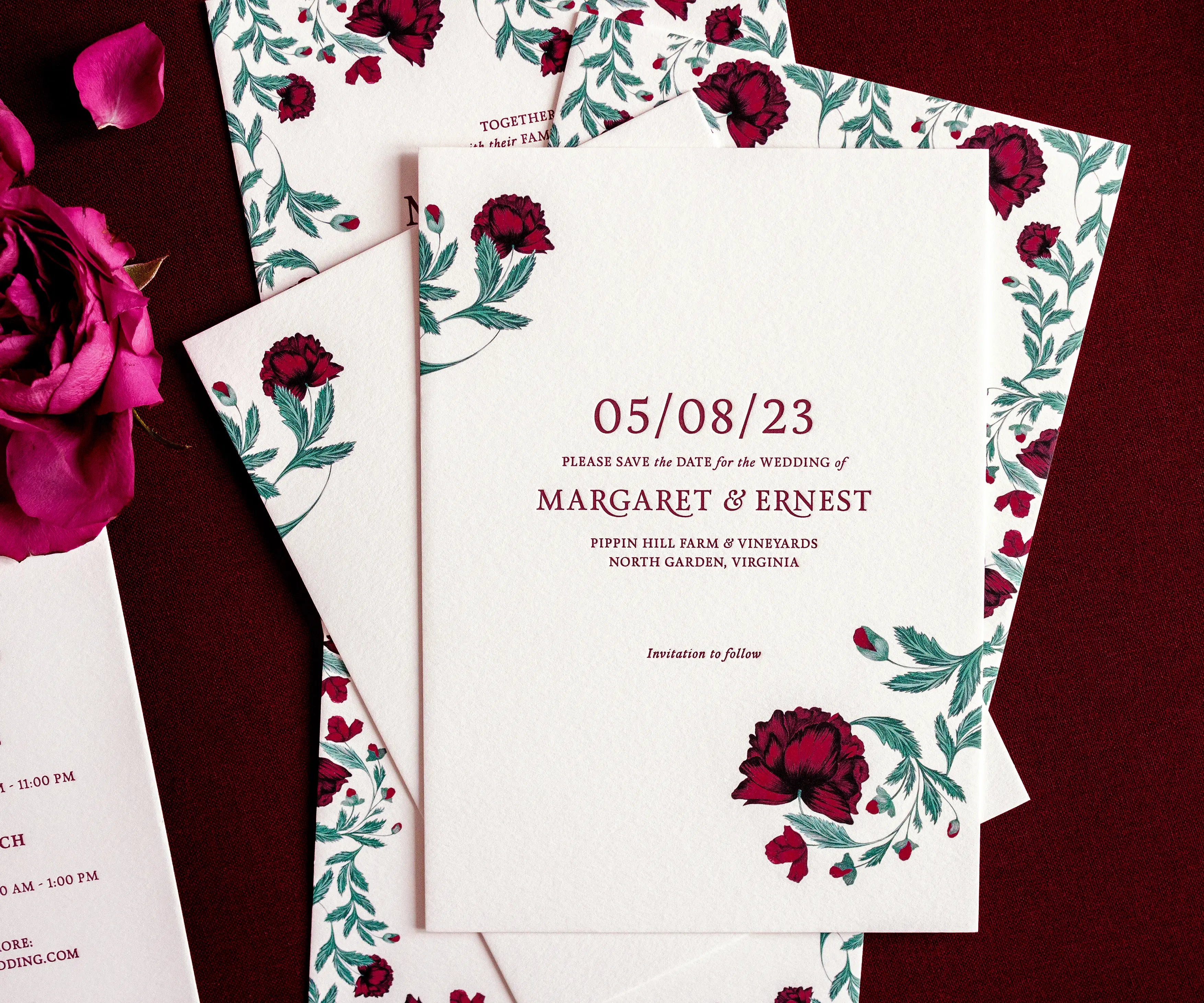 Letterpress Save the Date card with poppy illustration