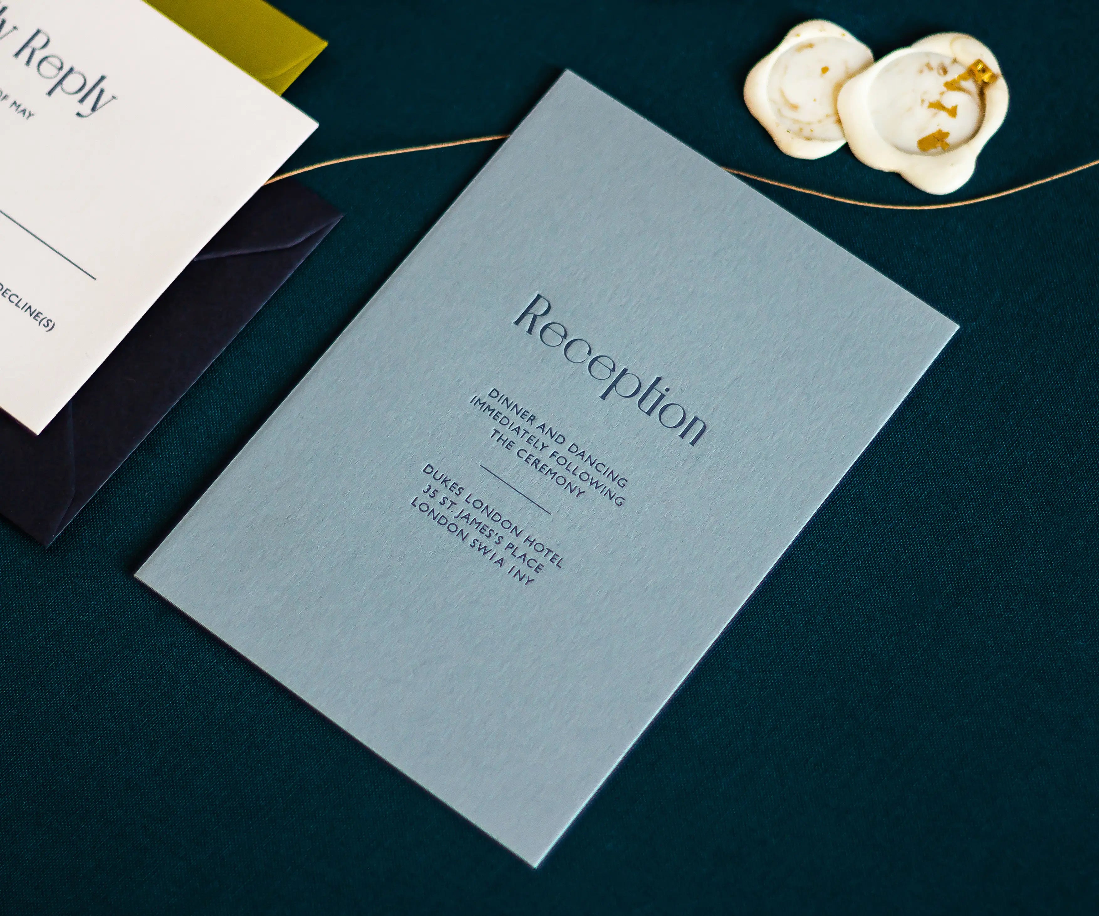 Blue letterpress reception card