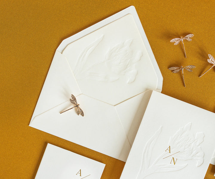 Envelope with blind letterpress tulip liner