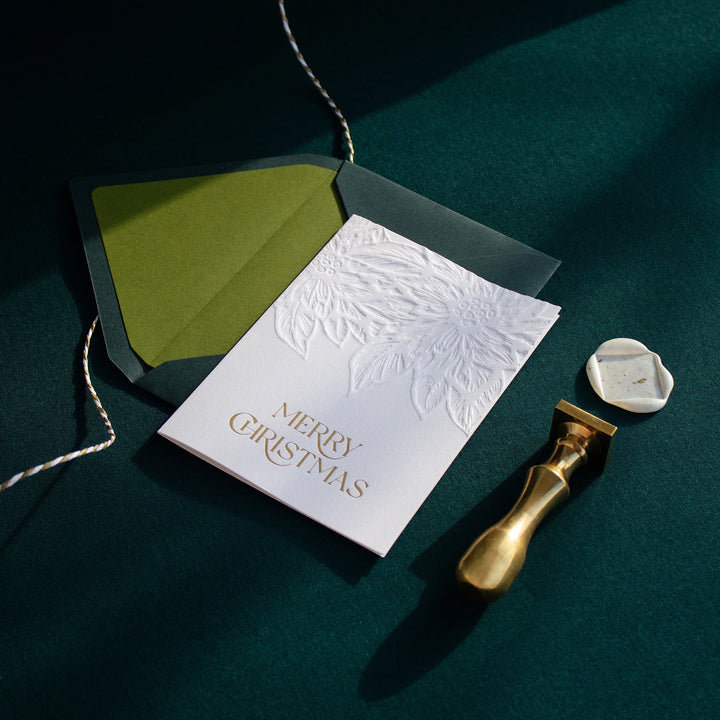 Letterpress Christmas card with envelope, brass stamp and wax seal